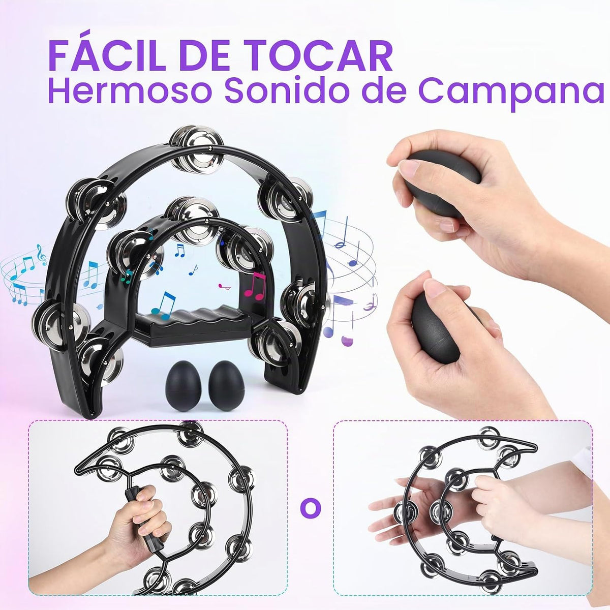 Pandereta de Doble Fila con Cascabeles de Metal, Instrumento de Per...