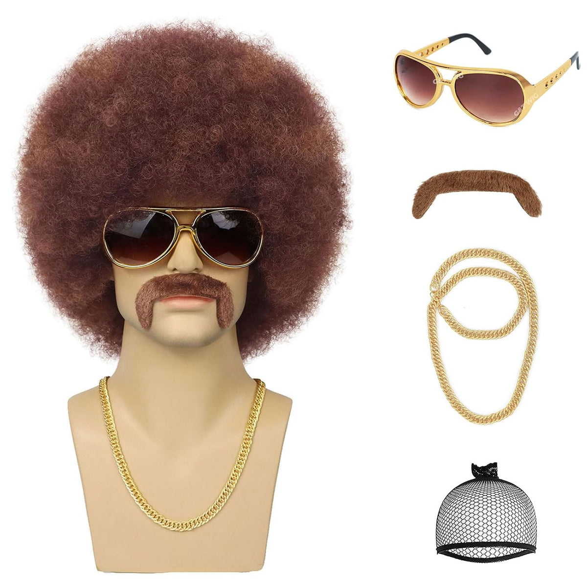 G&amp;T Wig Peluca afro de los años 70 para hombre con cadena de ga...