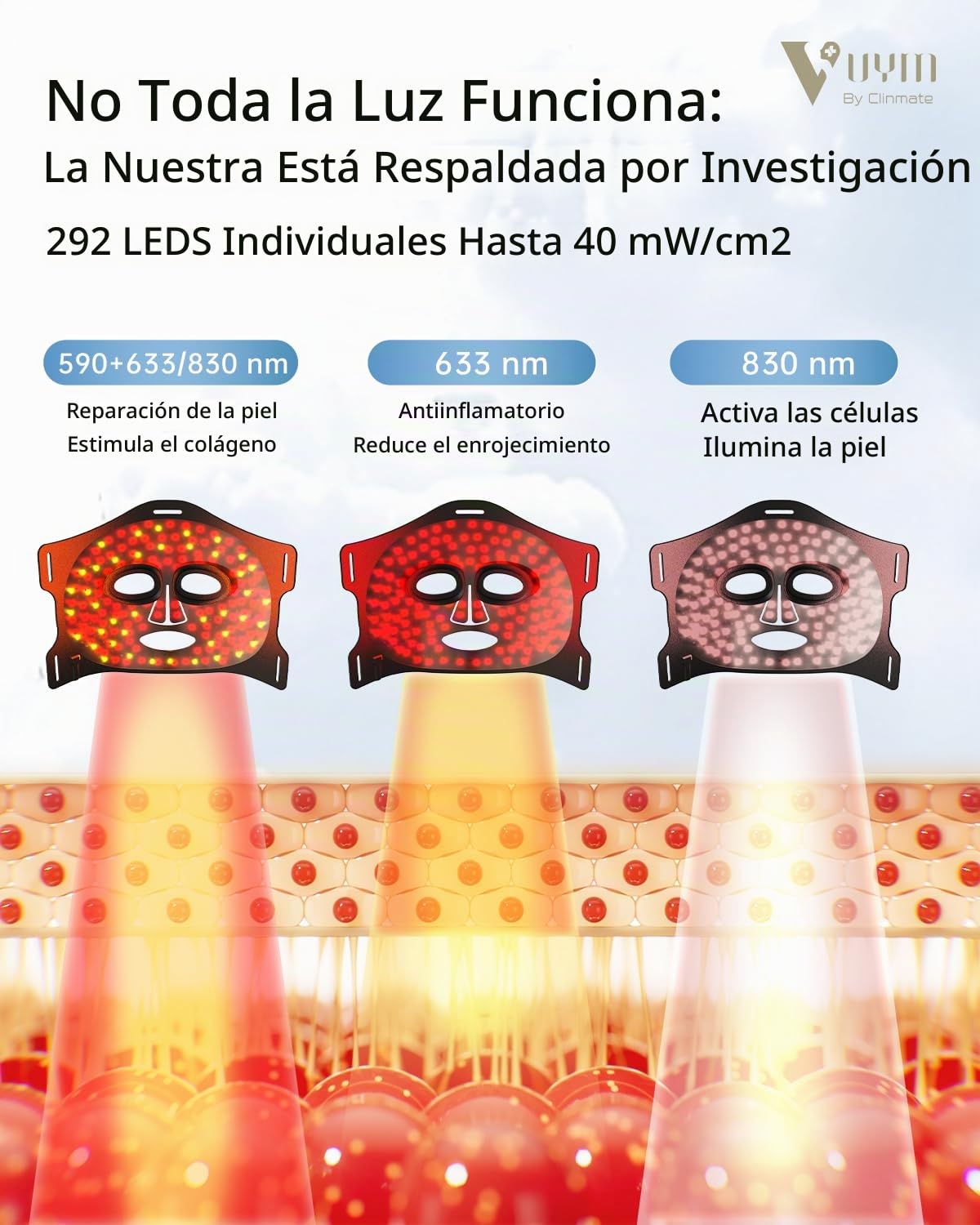 Máscara facial de terapia de luz roja infrarroja VYM con controlado...