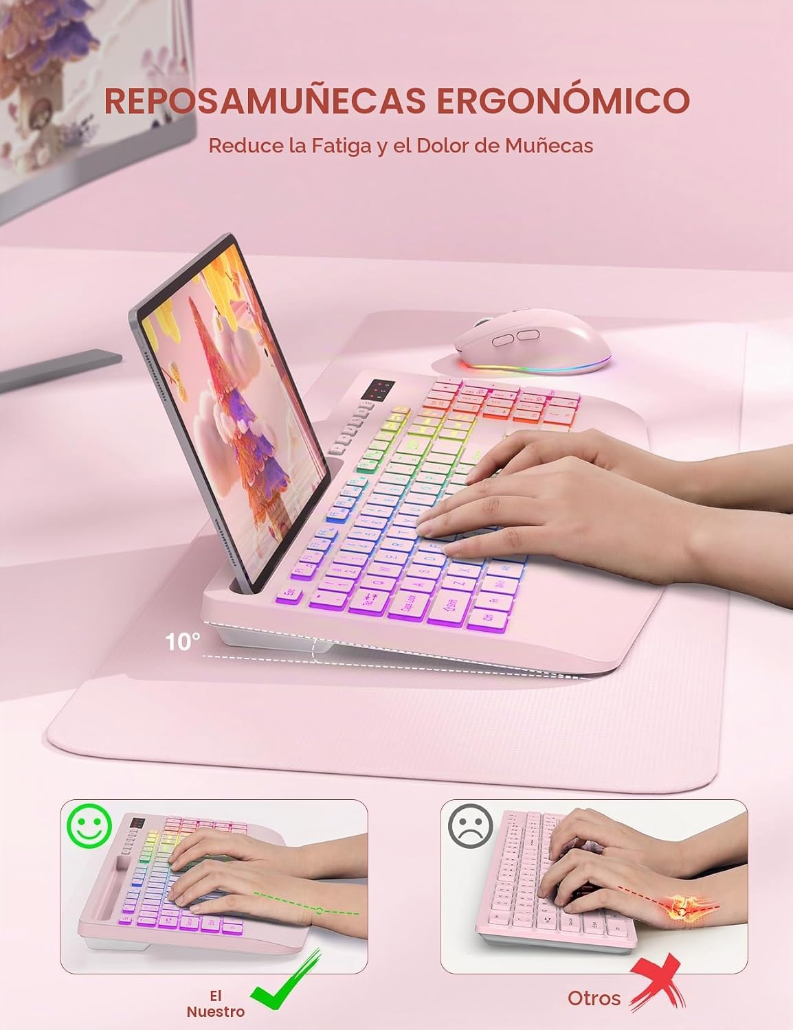 Combo de teclado y mouse inalámbricos, 9 efectos retroiluminados, r...