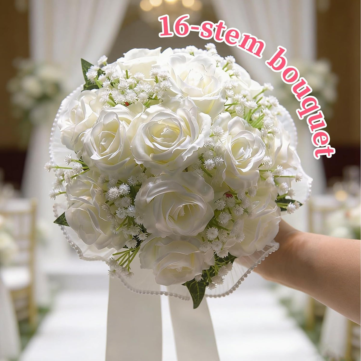 LYGIV Ramo de boda de 16 rosas artificiales de color blanco marfil...