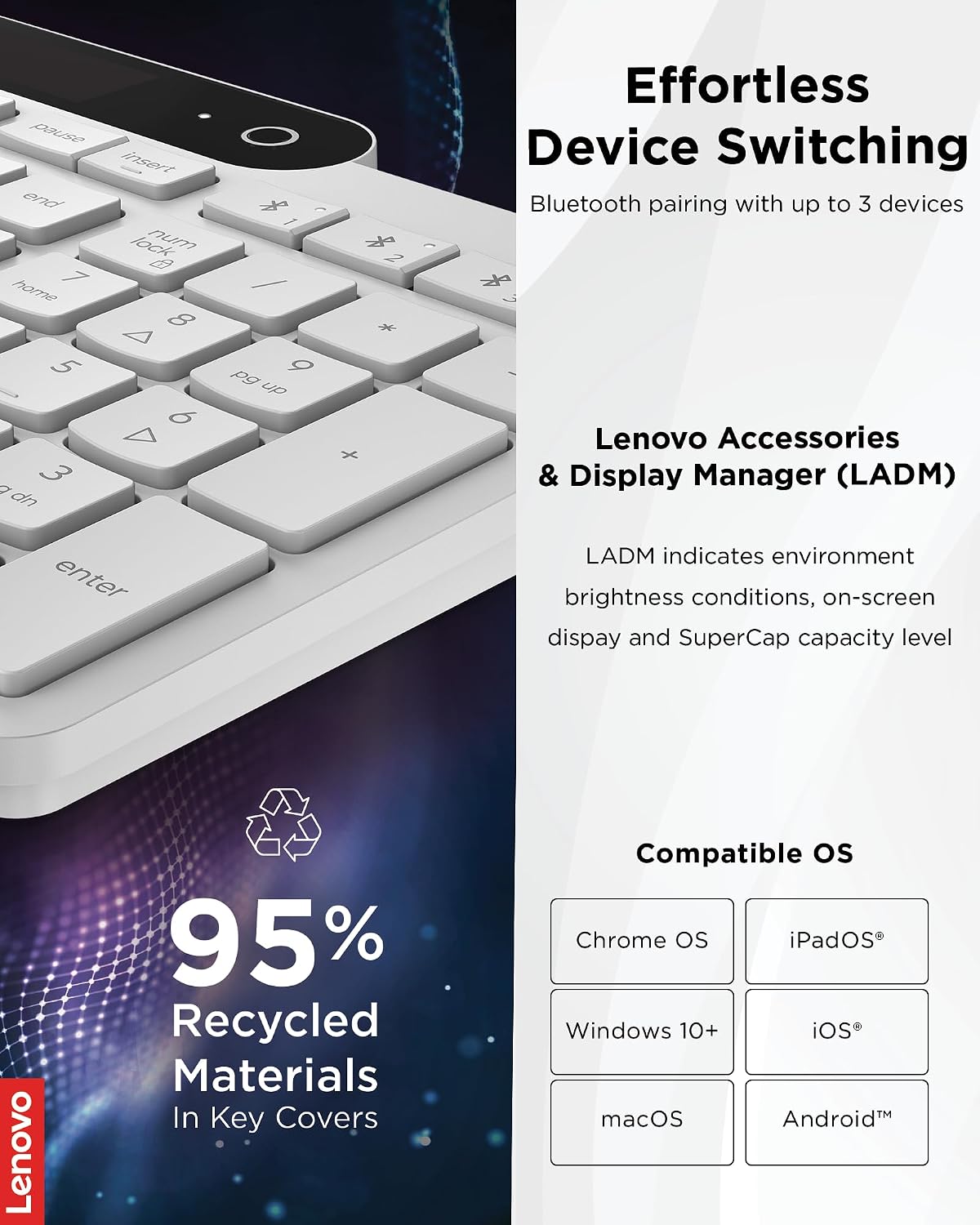 Lenovo 800 Teclado Bluetooth Autocargable, Utiliza Luz Ambiental pa...
