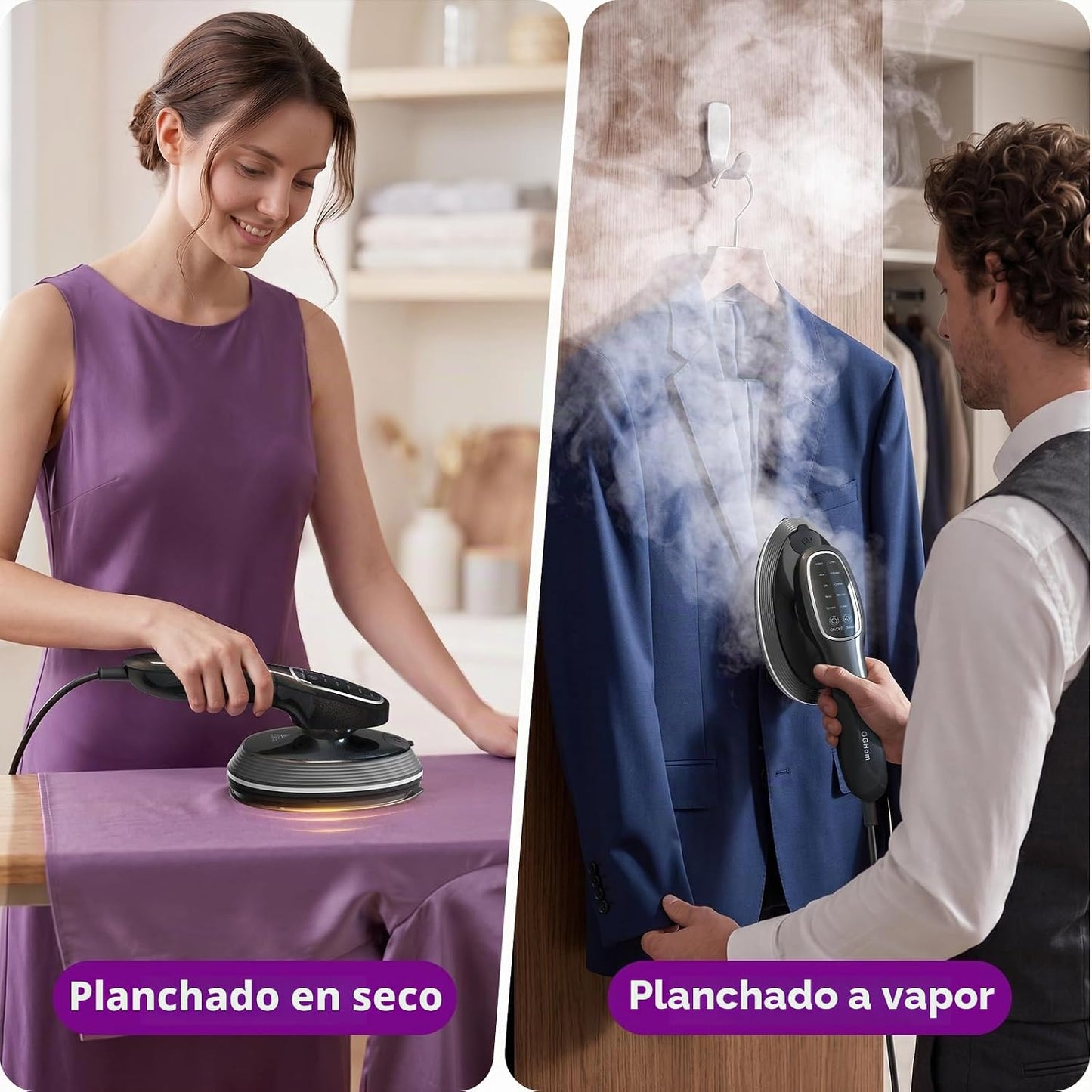 OGHom Vaporizador y plancha 2 en 1 para ropa, plancha de mano de 12...