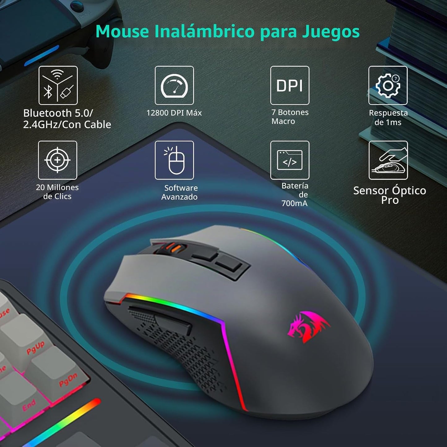 Redragon Combo de teclado mecánico inalámbrico y mouse, Bluetooth\/...