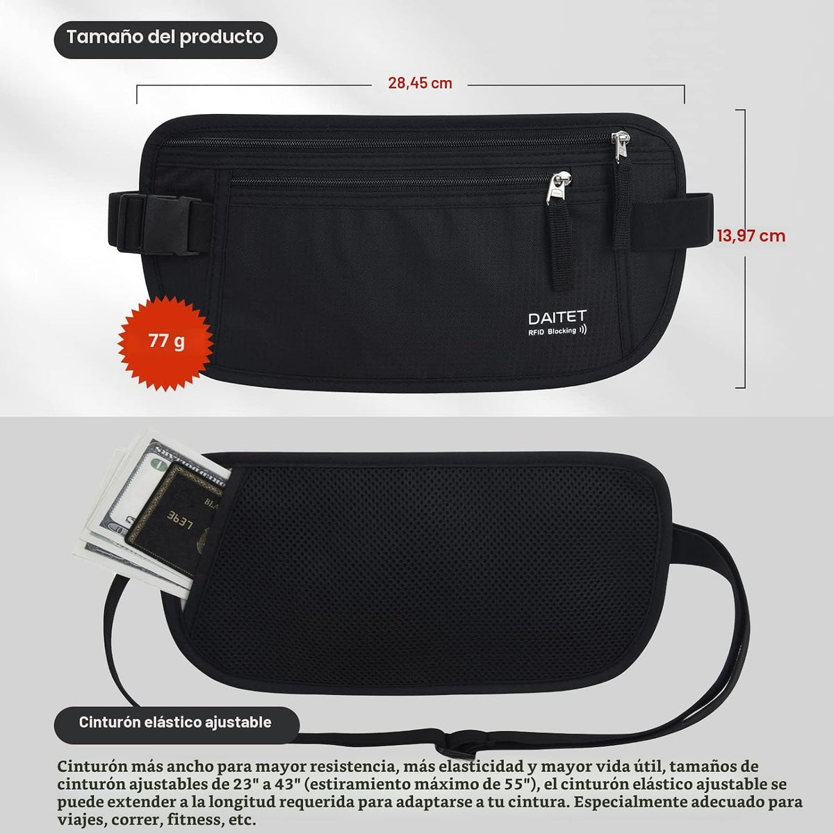 DAITET Cinturón de dinero, soporte para pasaporte, cartera de viaje...
