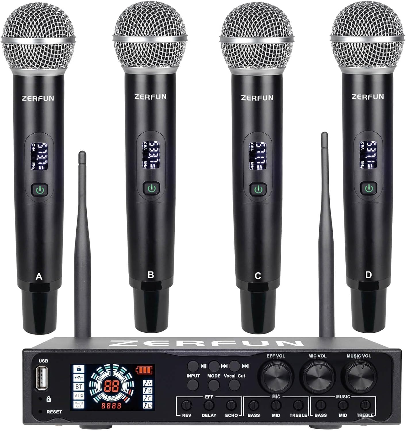 ZERFUN Pro - Sistema de micrófono inalámbrico de 4 canales recargab...