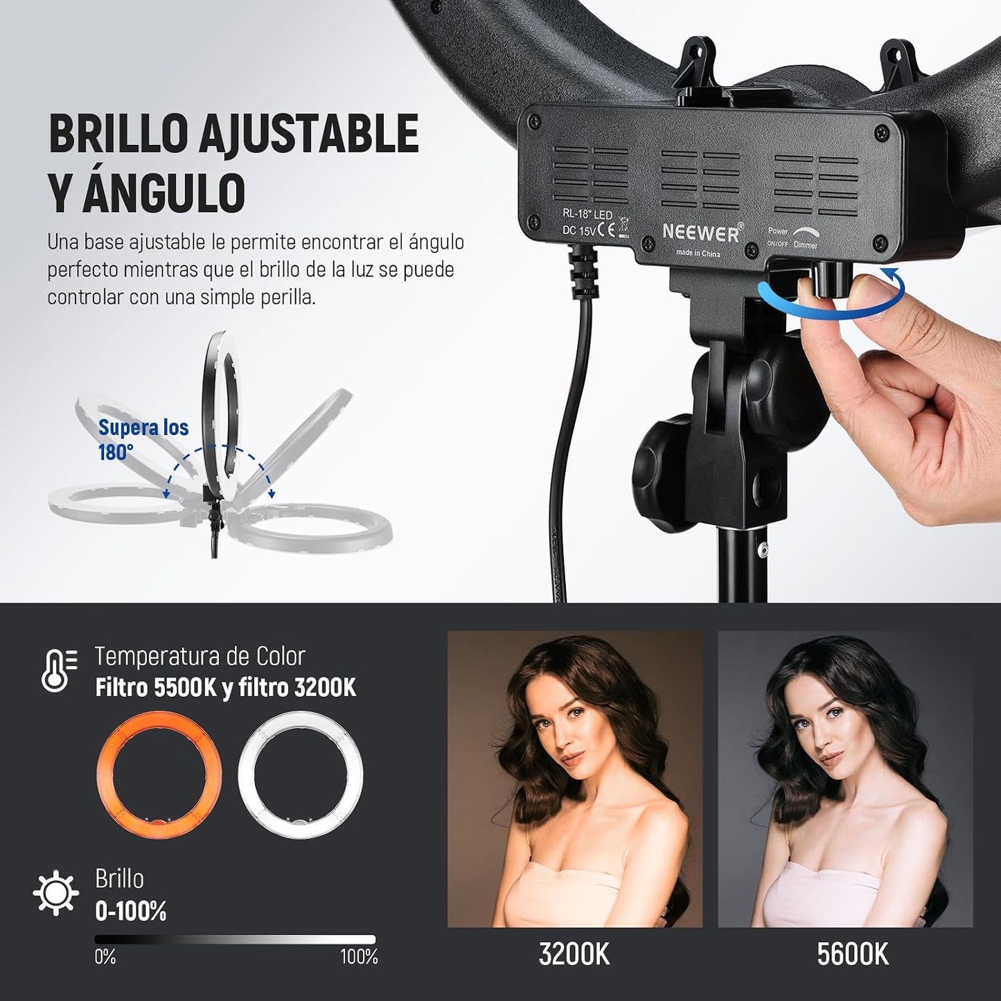 NEEWER Kit de luz de anillo de 18 pulgadas: LED profesional de 55 W...