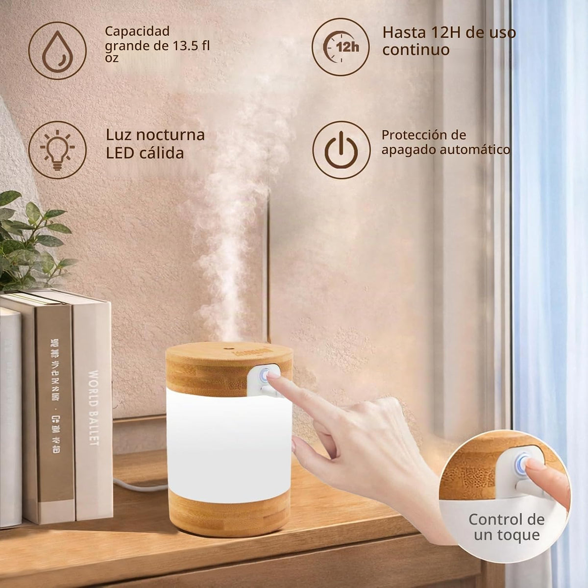 Humidificador de vapor frío de bambú con soporte para teléfono, min...