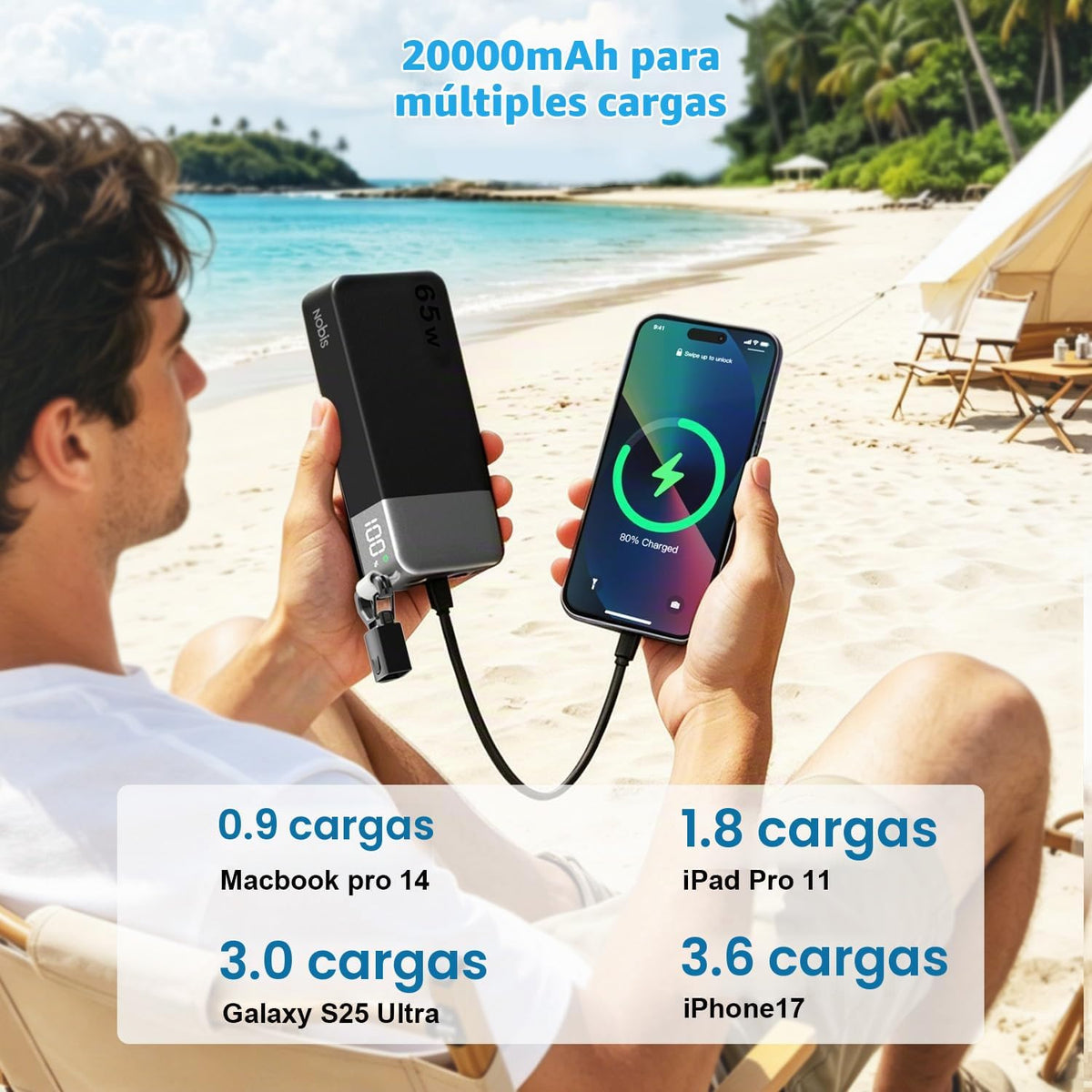 Cargador portátil NOBIS 20000mAh 65W Power Bank con cable desmontab...
