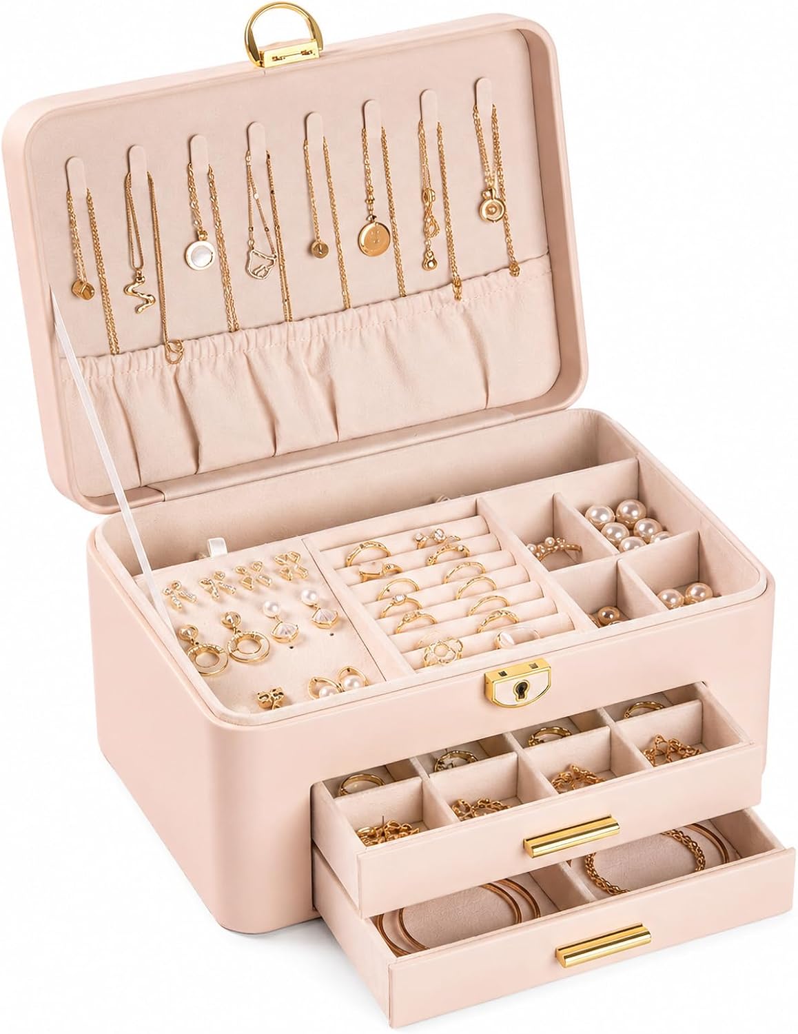Vandozis Joyero para mujer, organizador grande con 3 capas y 2 cajo...
