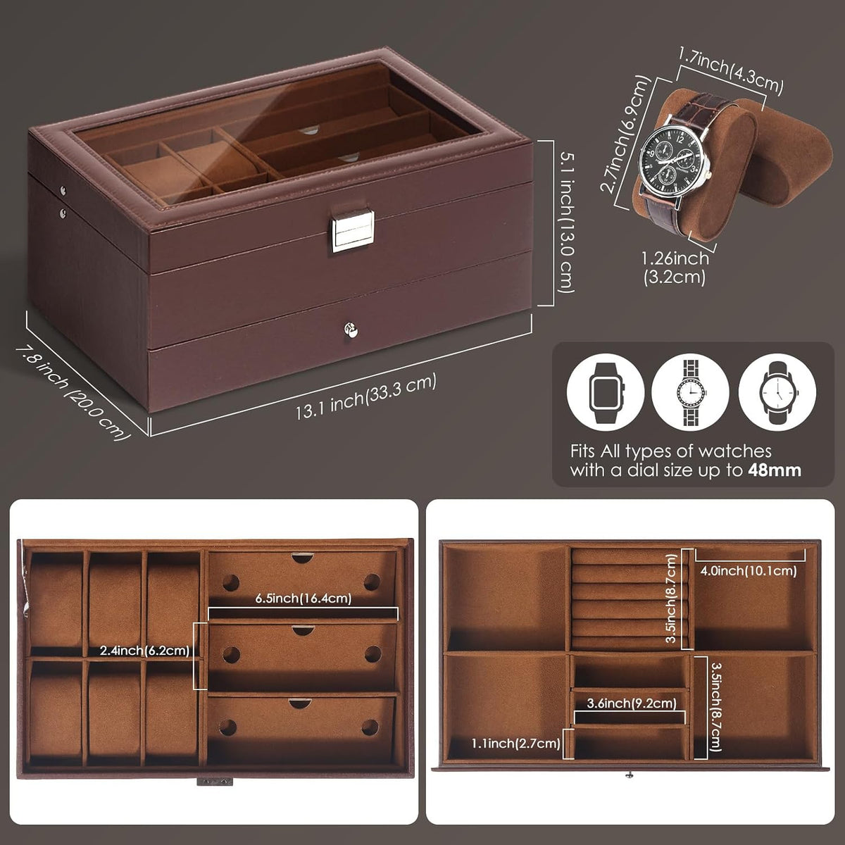 GLJ Caja de joyería para hombres, organizador de joyas con 6 ranura...