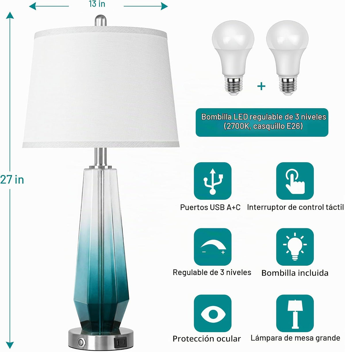 QiMH Lámparas de mesa de vidrio para sala de estar, modernas lámpar...