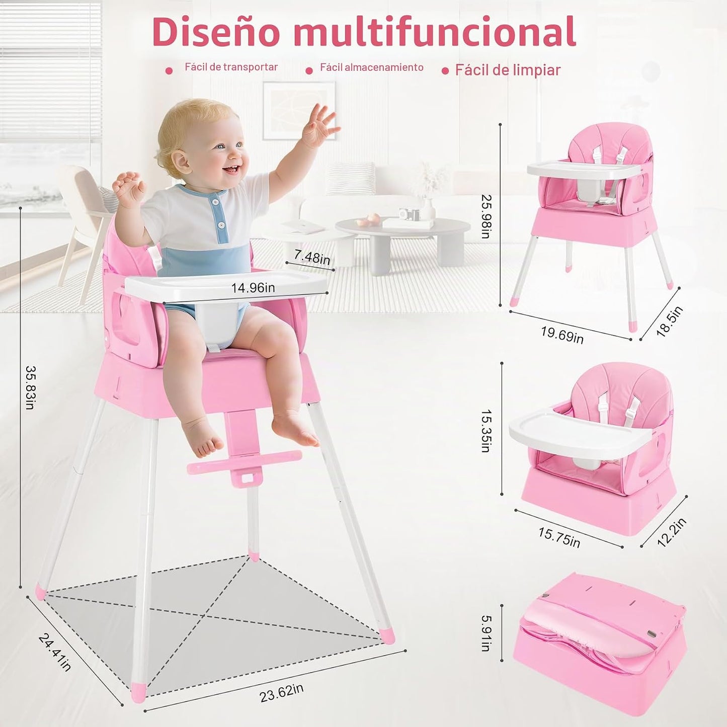 BOSEDSANG Silla Alta para Bebé 4 en 1, Silla Alta Convertible para...