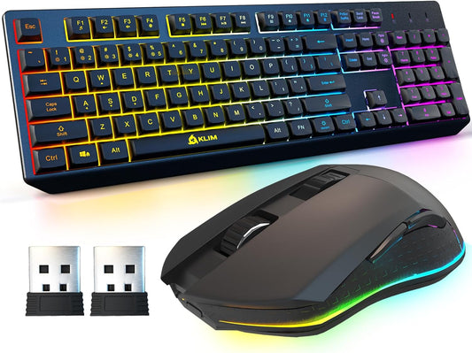 KLIM Teclado y mouse inalámbricos Chroma - Combo de juegos con retr...