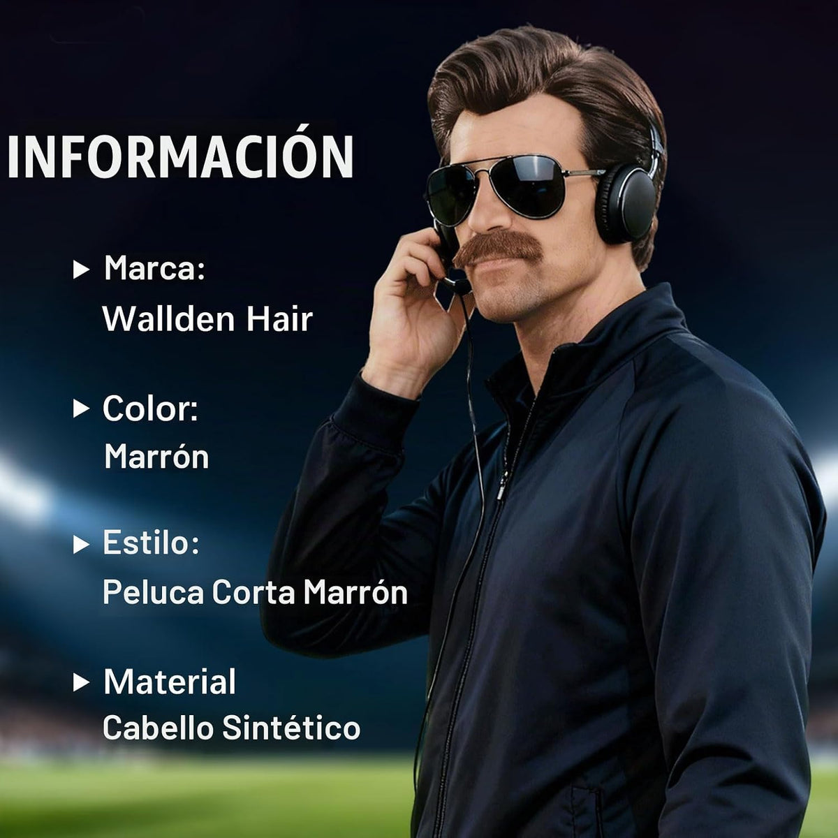 Wallden Hair Peluca corta marrón para hombre, bigote, lentes de sol...