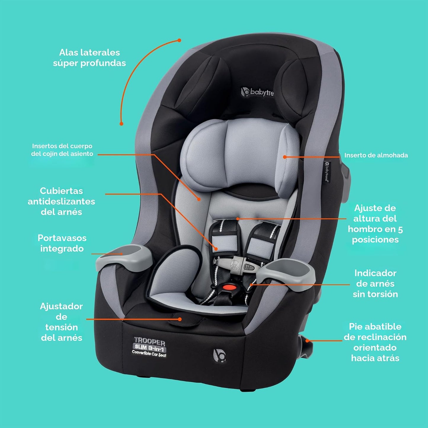 Baby Trend Trooper™ Slim 3 en 1 Asiento de coche convertible, Negro...