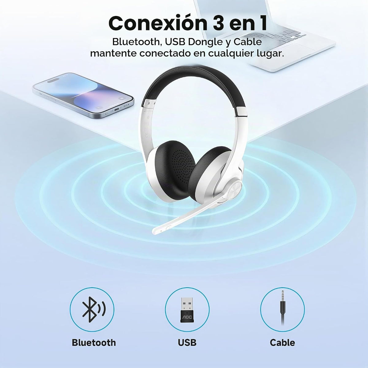 Auriculares inalámbricos AOC con micrófono para el trabajo, auricul...