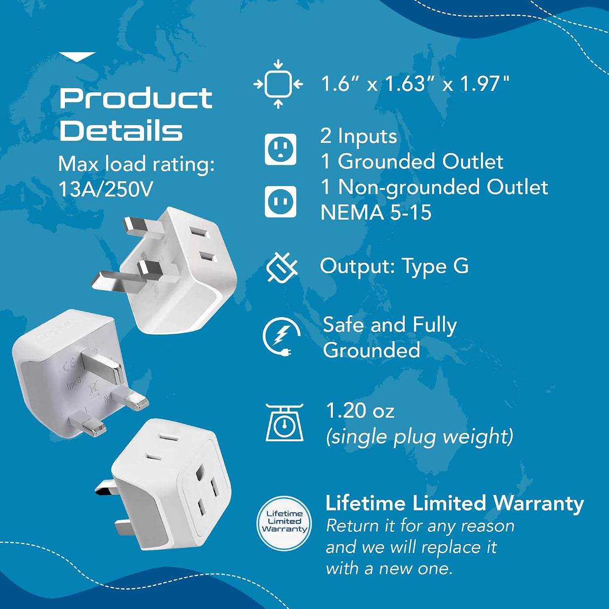 Adaptador de enchufe de viaje Ceptics para Reino Unido, adaptador t...