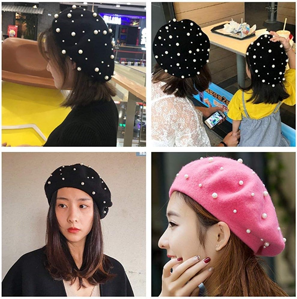 Sombrero de boina vintage de lana de perla para mujer, gorro cálido...