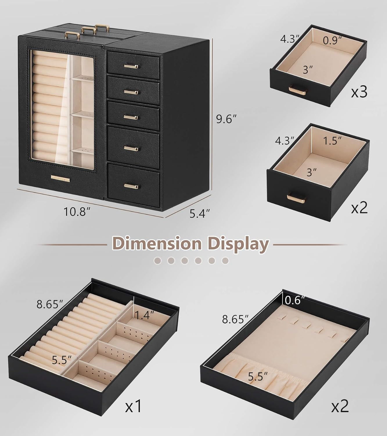 Homde - Gran joyero\/organizador\/caja con ventana de vidrio, cajon...