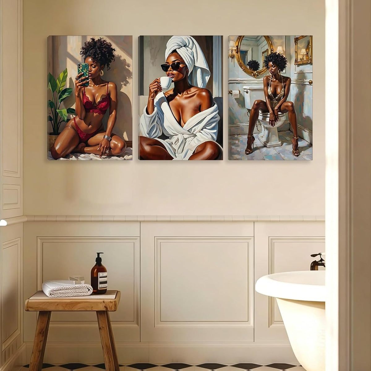 3 piezas de arte de pared de baño de niña negra, póster de pintura...