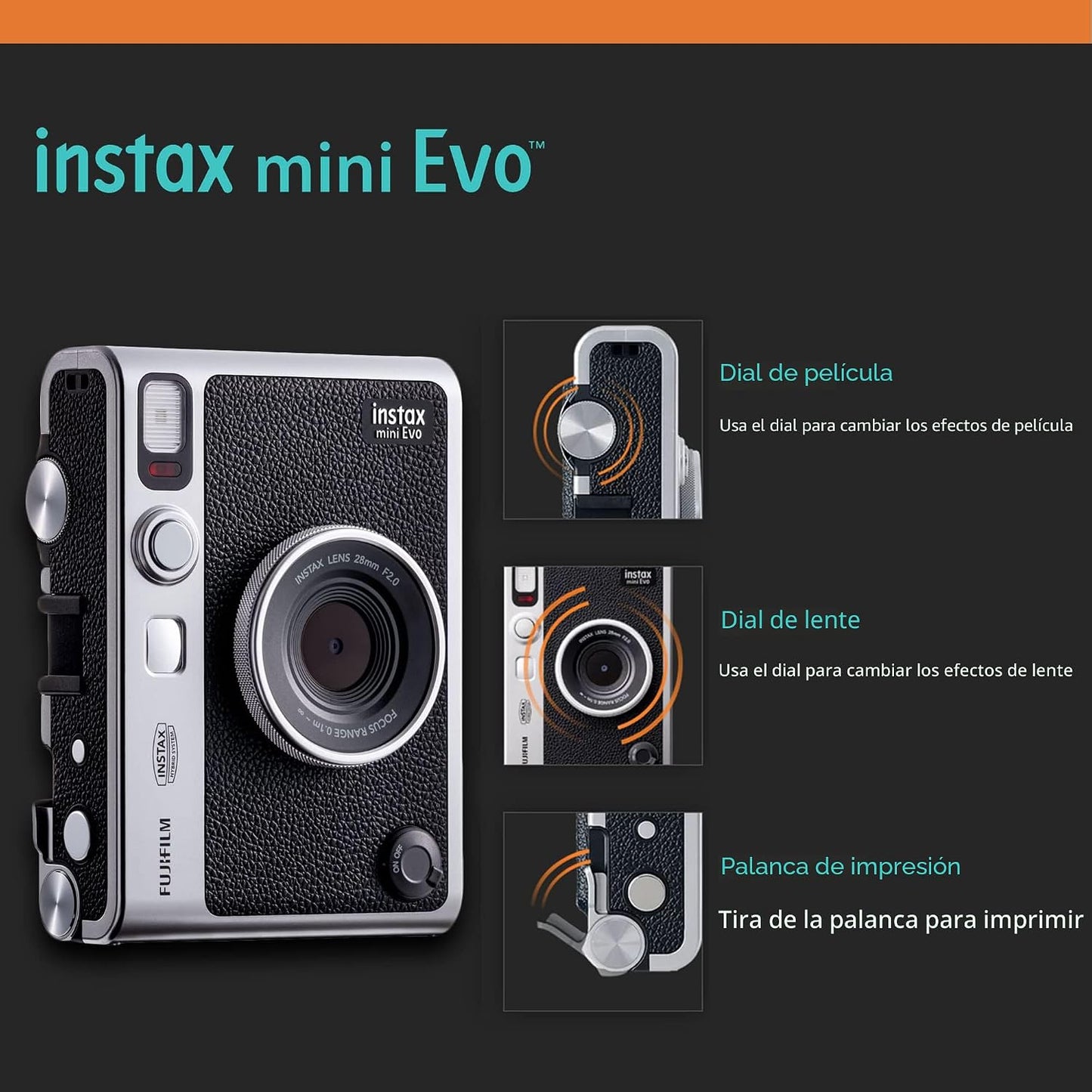 Cámara instantánea Fujifilm Instax Mini EVO Hybrid negra | Paquete...