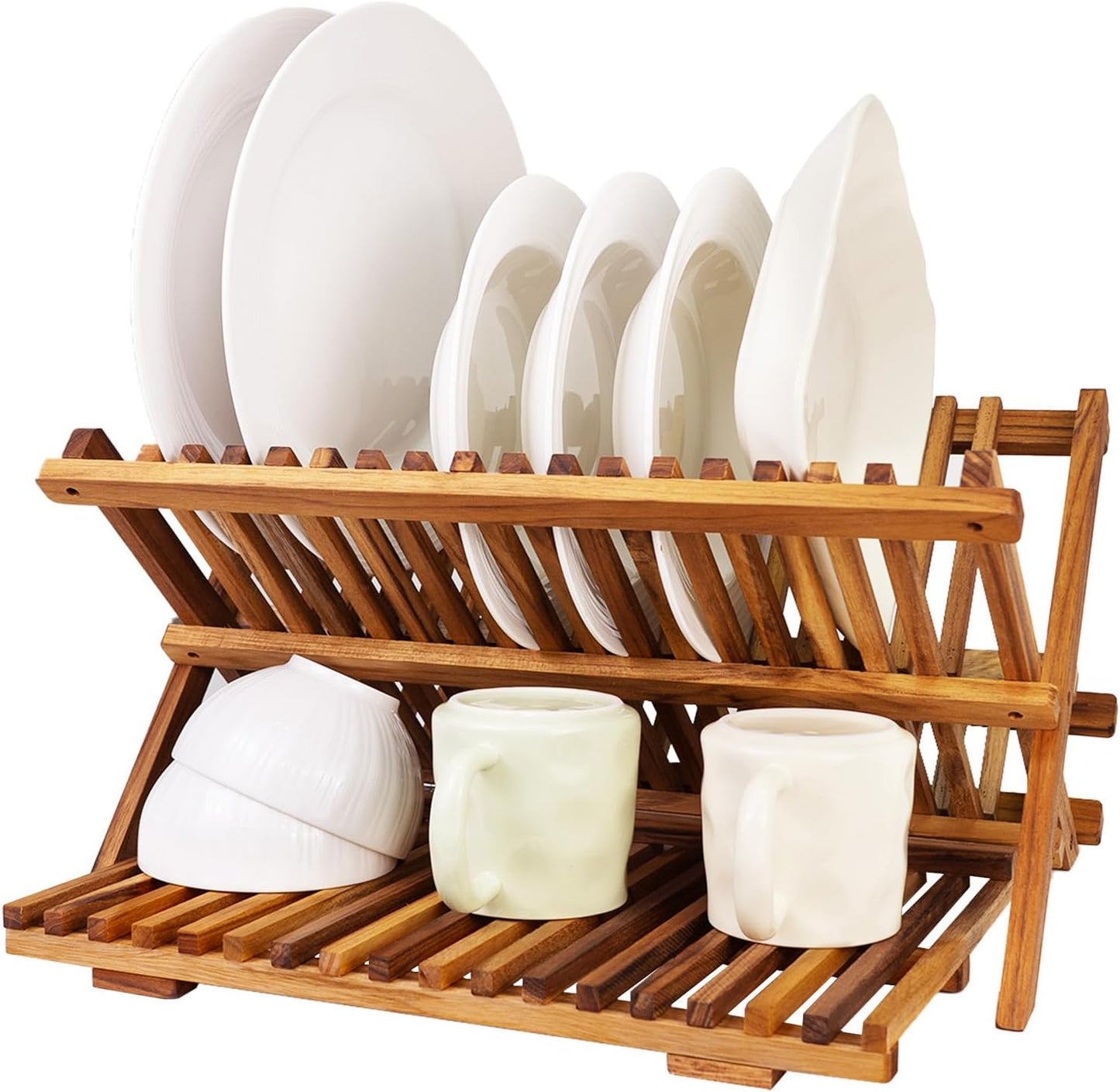 Utoplike Escurridor de platos plegable de madera de teca de 3 nivel...