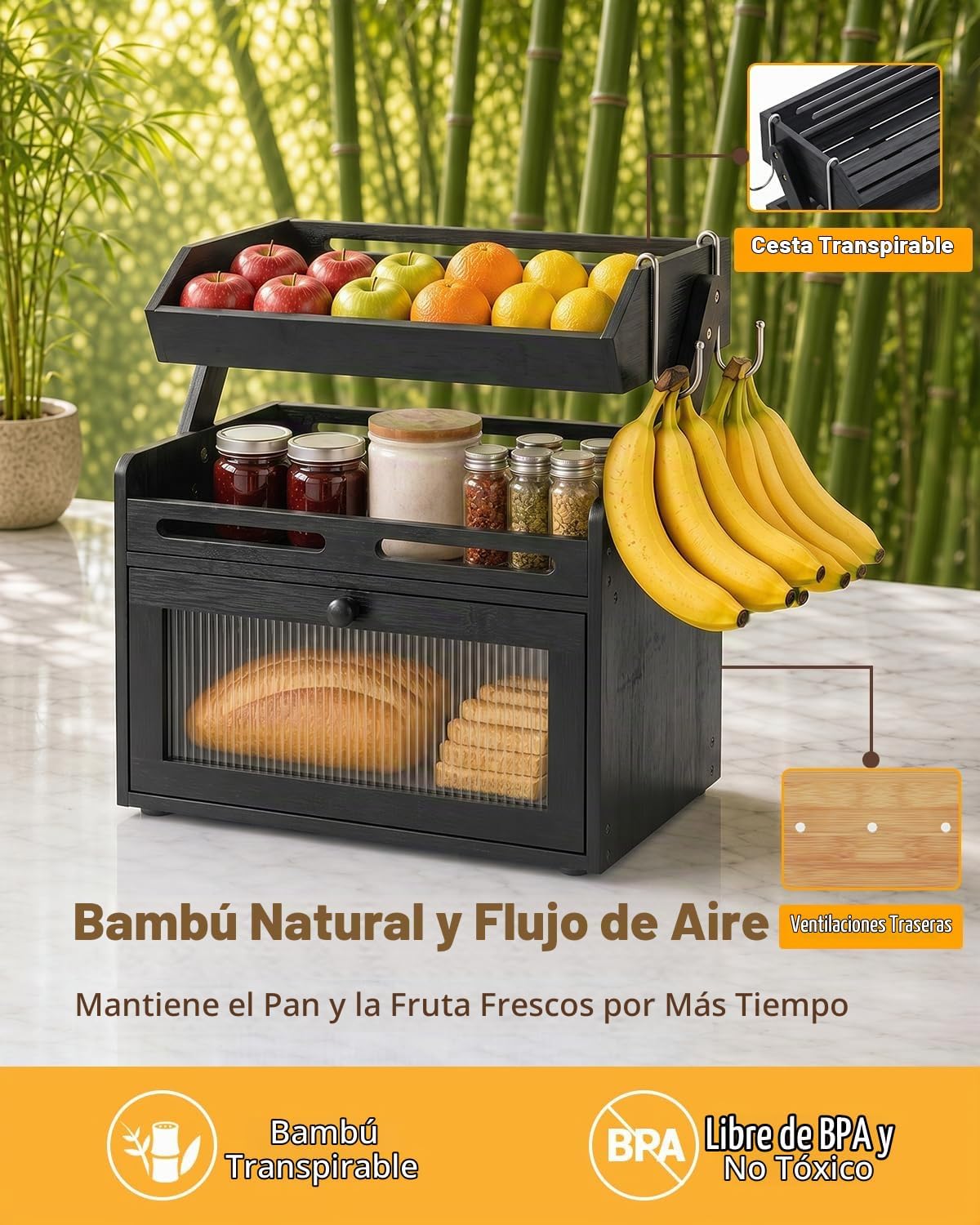 Caja de pan para encimera de cocina, almacenamiento de pan de bambú...