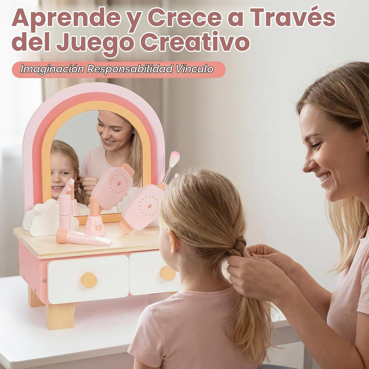 Juego de tocador de madera para niños, juego de simulación con espe...