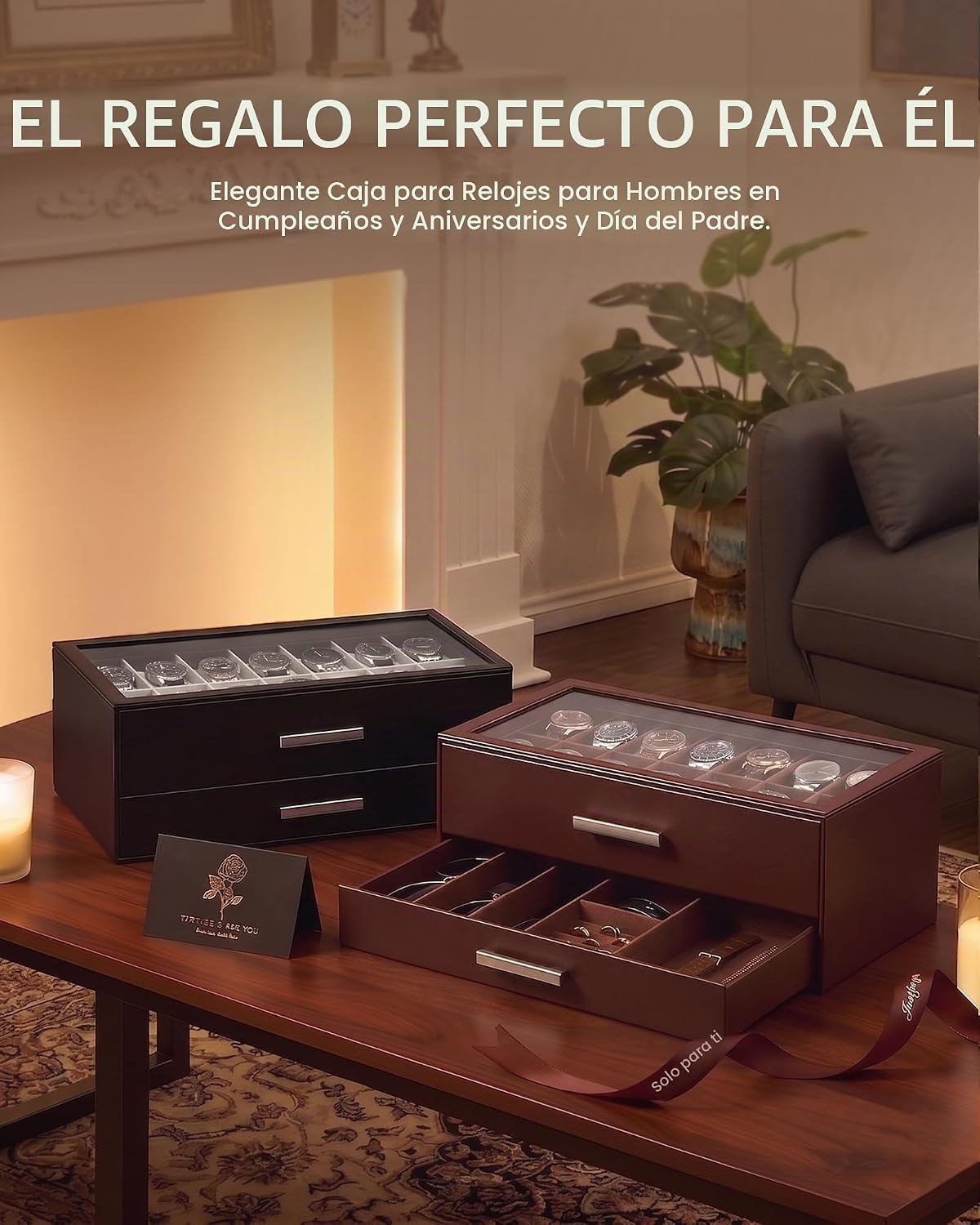 ProCase Caja de reloj de 14 ranuras, vitrina de 2 niveles con cajon...