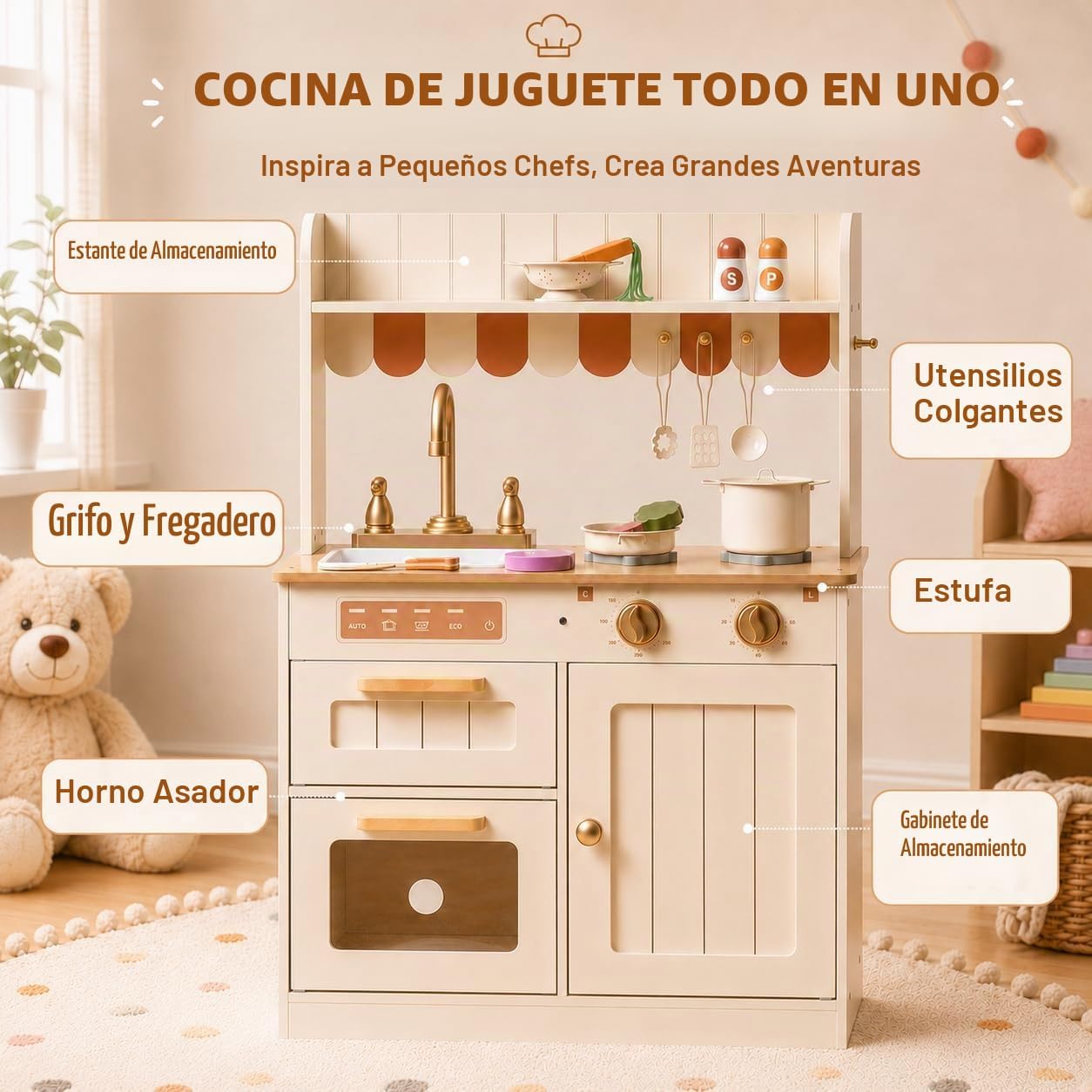 ROBUD Cocina de Juguete, Juego de Cocina de Madera para Niños con D...