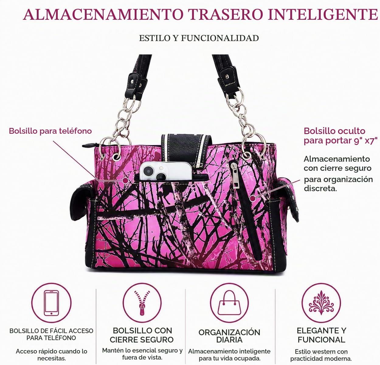 Bolso estilo occidental con hebilla de corona camuflaje, brillo flo...
