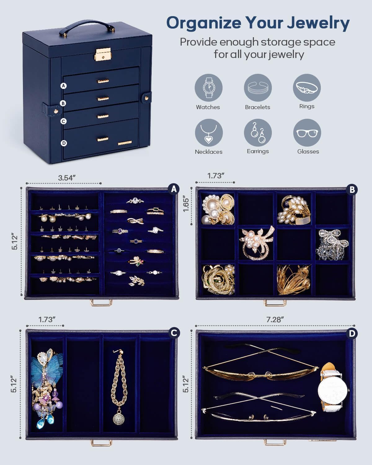 Homde - Joyero grande para mujer: organizador de 5 capas con cerrad...