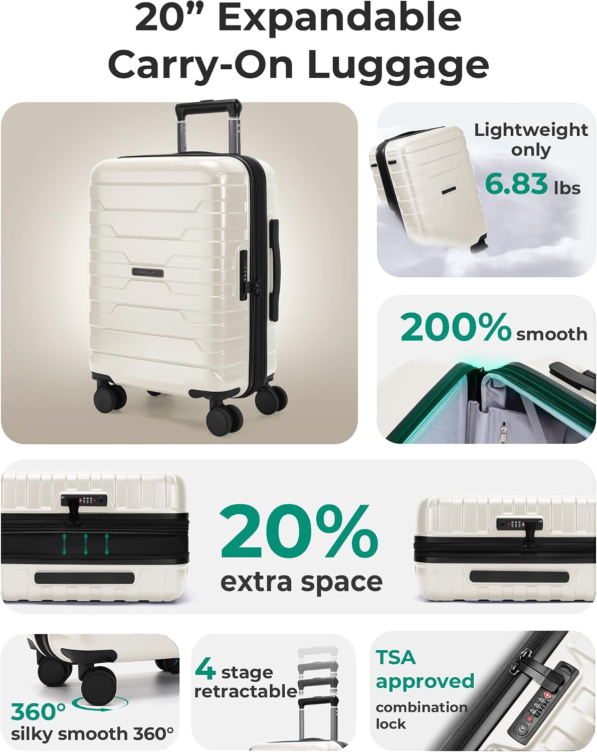 BAGSMART Equipaje de mano de 22x14x9 pulgadas aprobado por aerolíne...