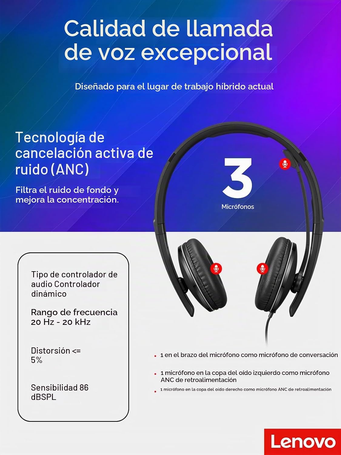 Auriculares con cable Lenovo con cancelación activa de ruido (ANC),...