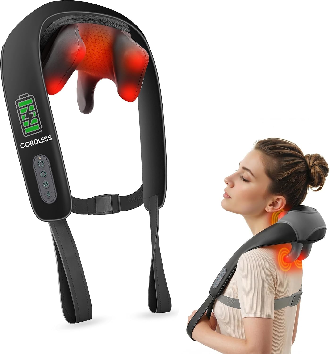 Masajeador de cuello y hombros Shiatsu 4D inalámbrico con calor, vi...