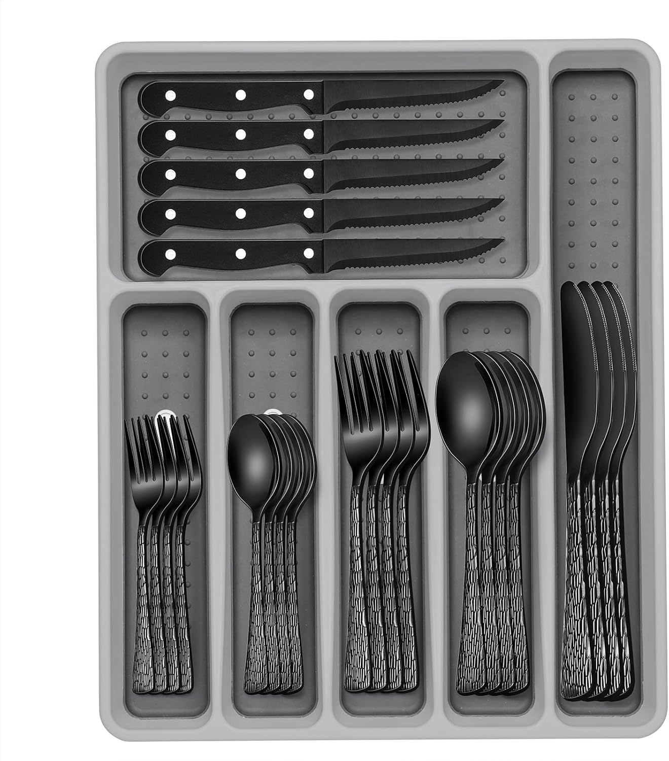 Juego de cubiertos negros de 49 piezas con organizador, juego de cu...