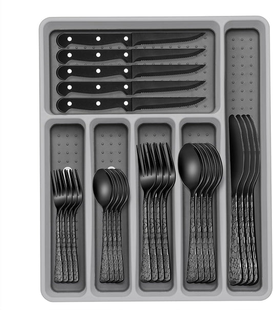 Juego de cubiertos negros de 49 piezas con organizador, juego de cu...