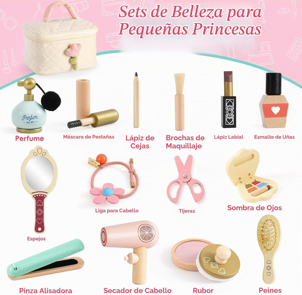Atoylink Juego de maquillaje de madera, 15 piezas, juguetes de pelu...