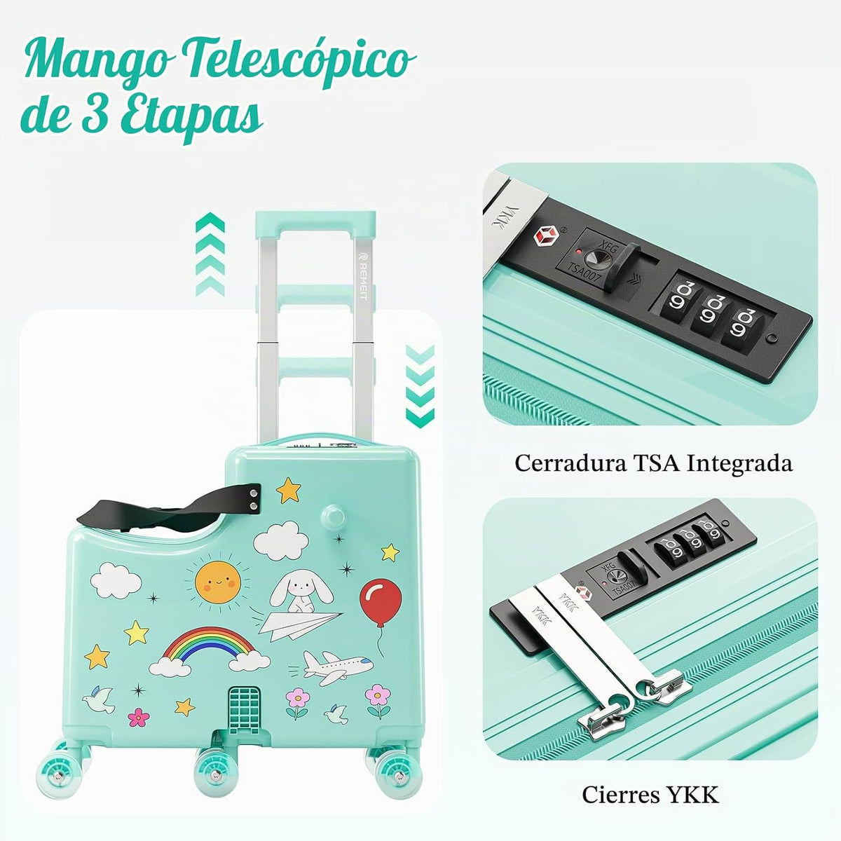 REMEIT Maleta de mano para niños, Verde, Montar