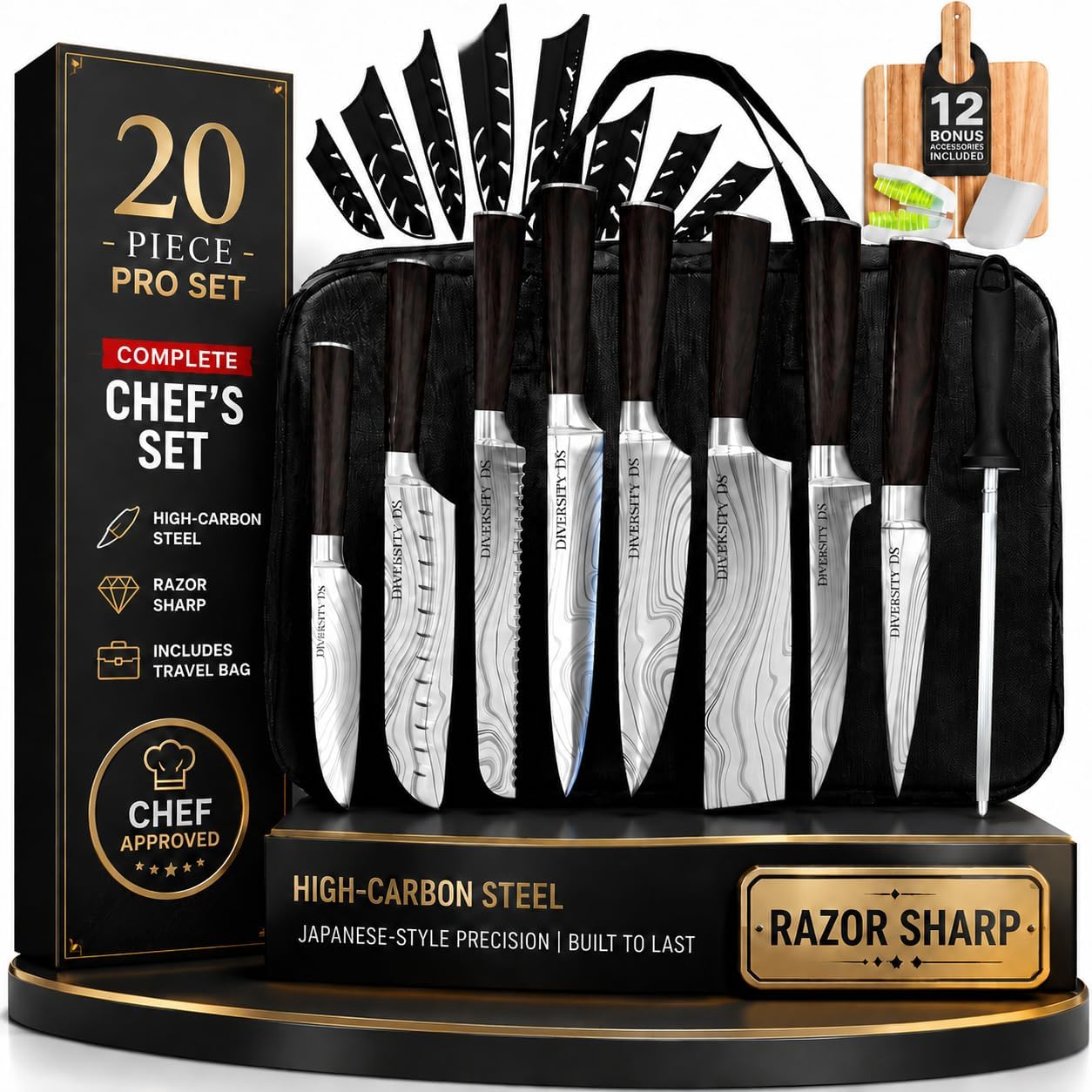 Diversity DS Juego de cuchillos de cocina japoneses con bolsa, jueg...