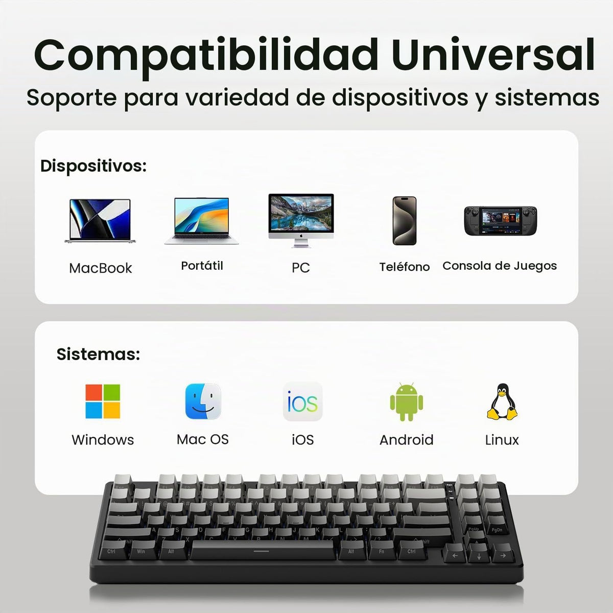 Teclado mecánico inalámbrico, sonido cremoso montado en junta, Blue...