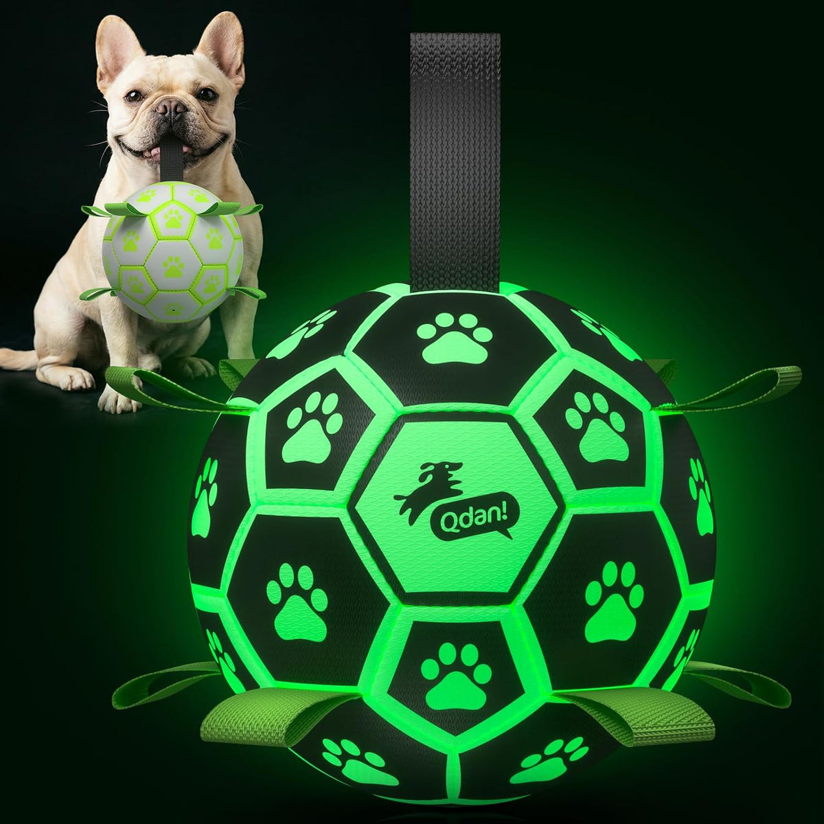 QDAN Pelota de fútbol para perros que brilla en la oscuridad con co...