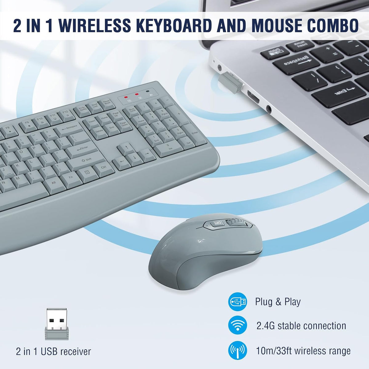Combo de teclado y ratón inalámbricos de tamaño completo 2.4GHz con...