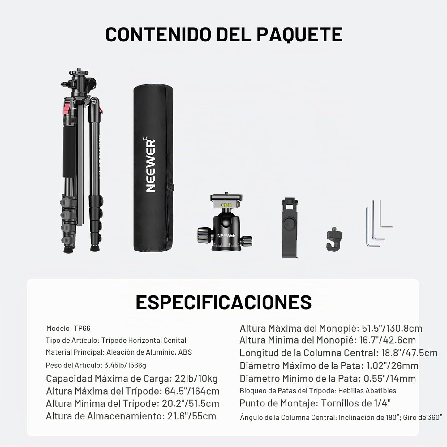 NEEWER Basics Trípode horizontal sobre la cabeza de 164 cm. con cab...