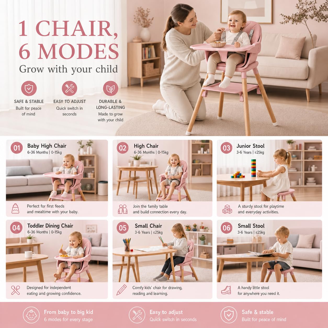Komcot Silla alta para bebé, sillas altas convertibles de madera 6...