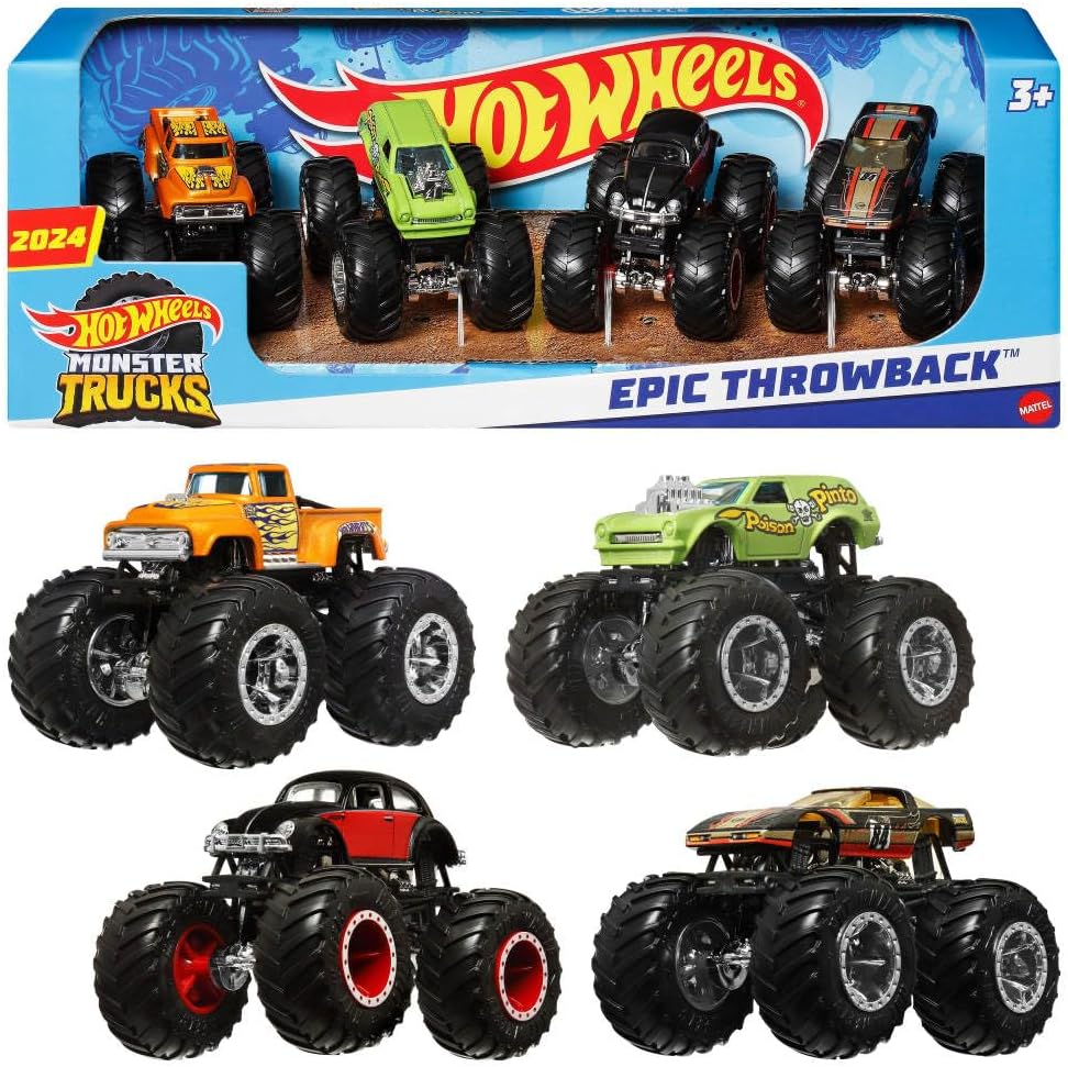 Hot Wheels Monster Trucks Paquete de 4, Juego de 4 vehículos de jug...