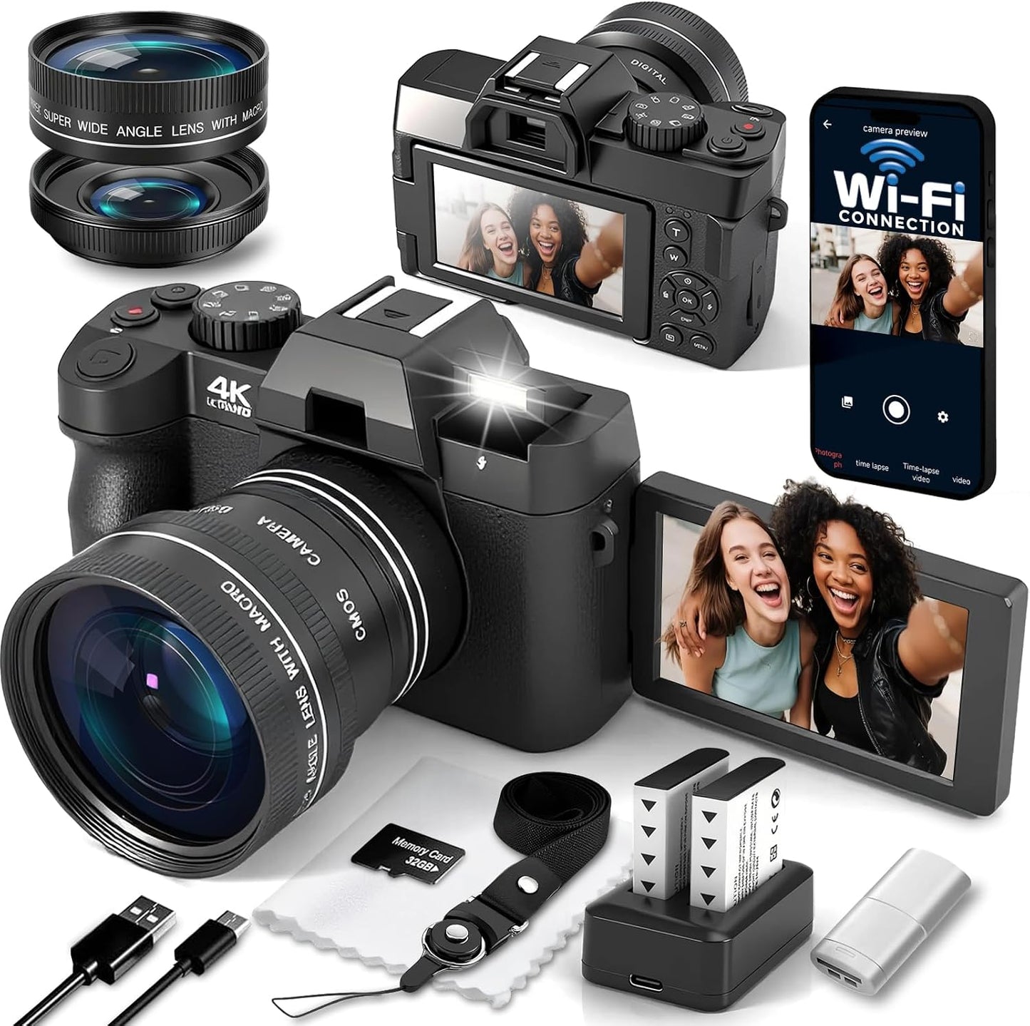 Cámara digital 4K para fotografía con WiFi, cámara de videoblogs co...