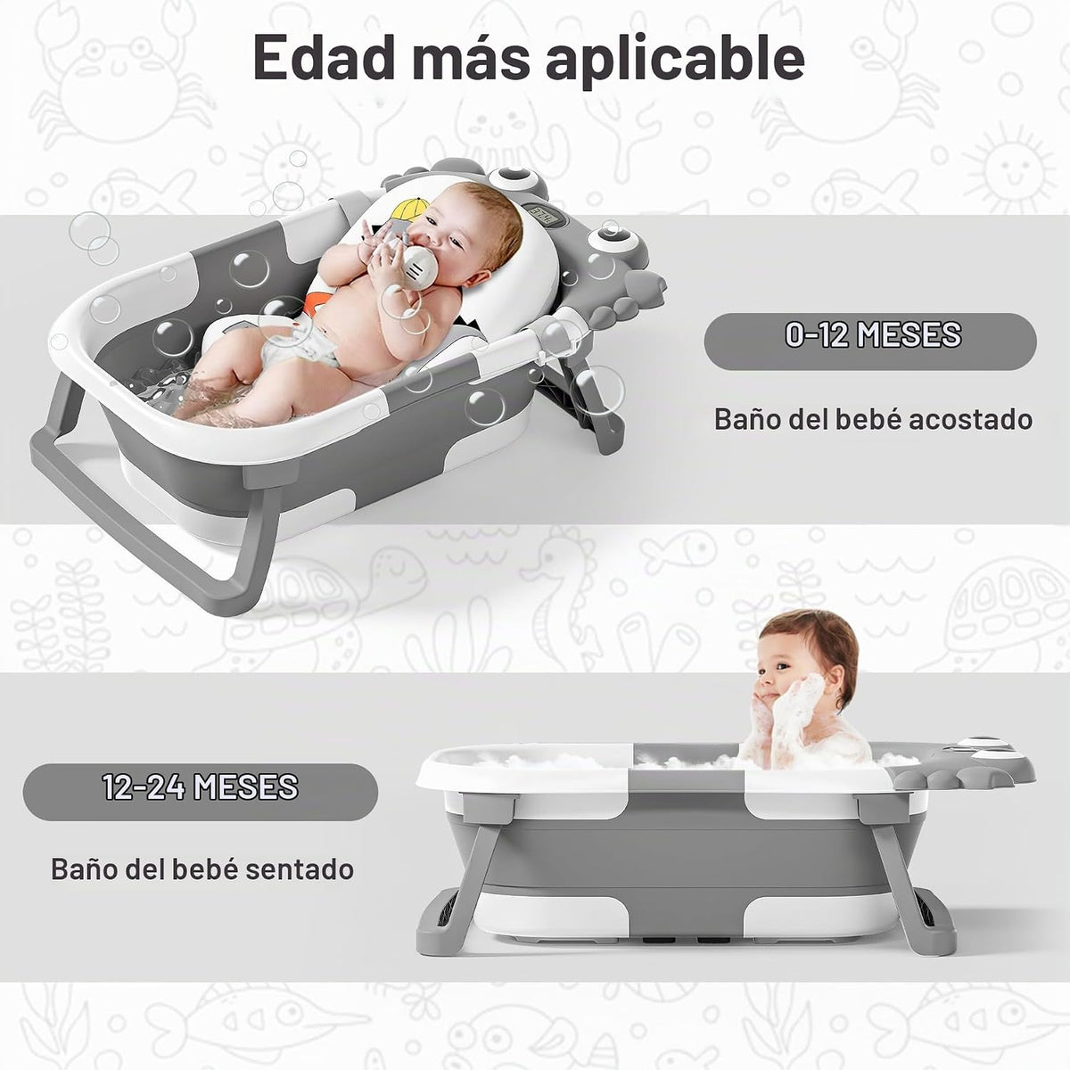 Bañera plegable para bebés recién nacidos con termómetro y cojín fl...