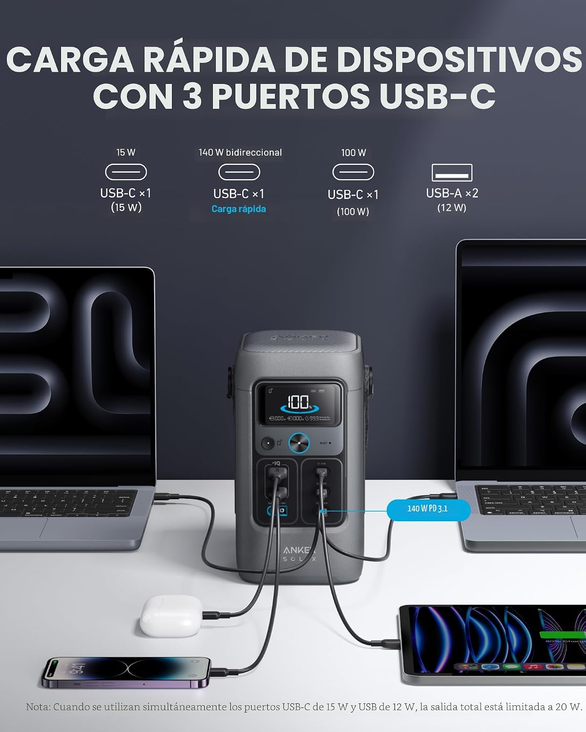 Estación de Banco de Energía DC Anker SOLIX C200 y Panel Solar de 6...